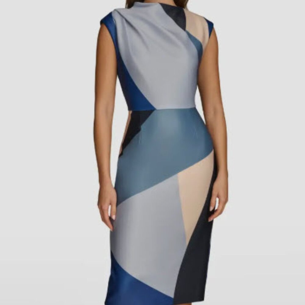 Donna Karan New York Blue Colorblocked Sheath Dress - Blue and Cream - Size 4P